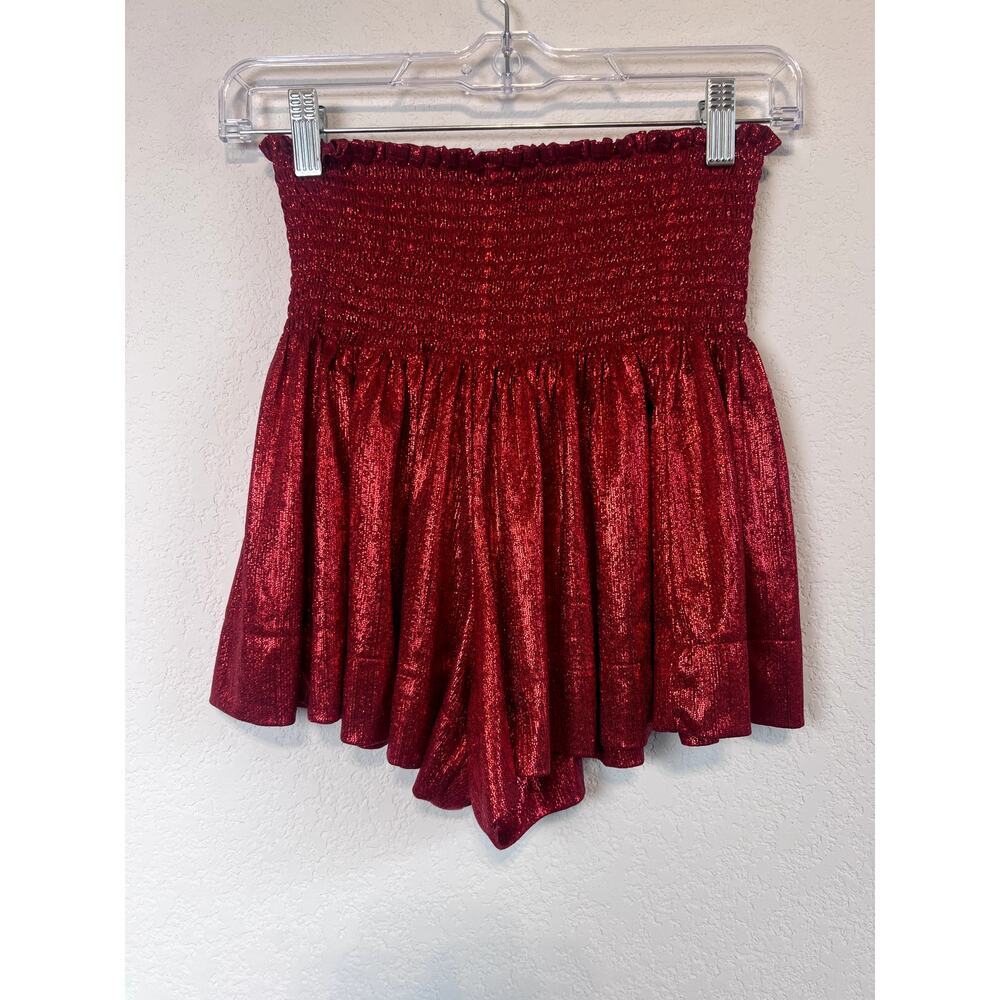 Queen Of Sparkles Red Metallic Ruffle Shorts  Small